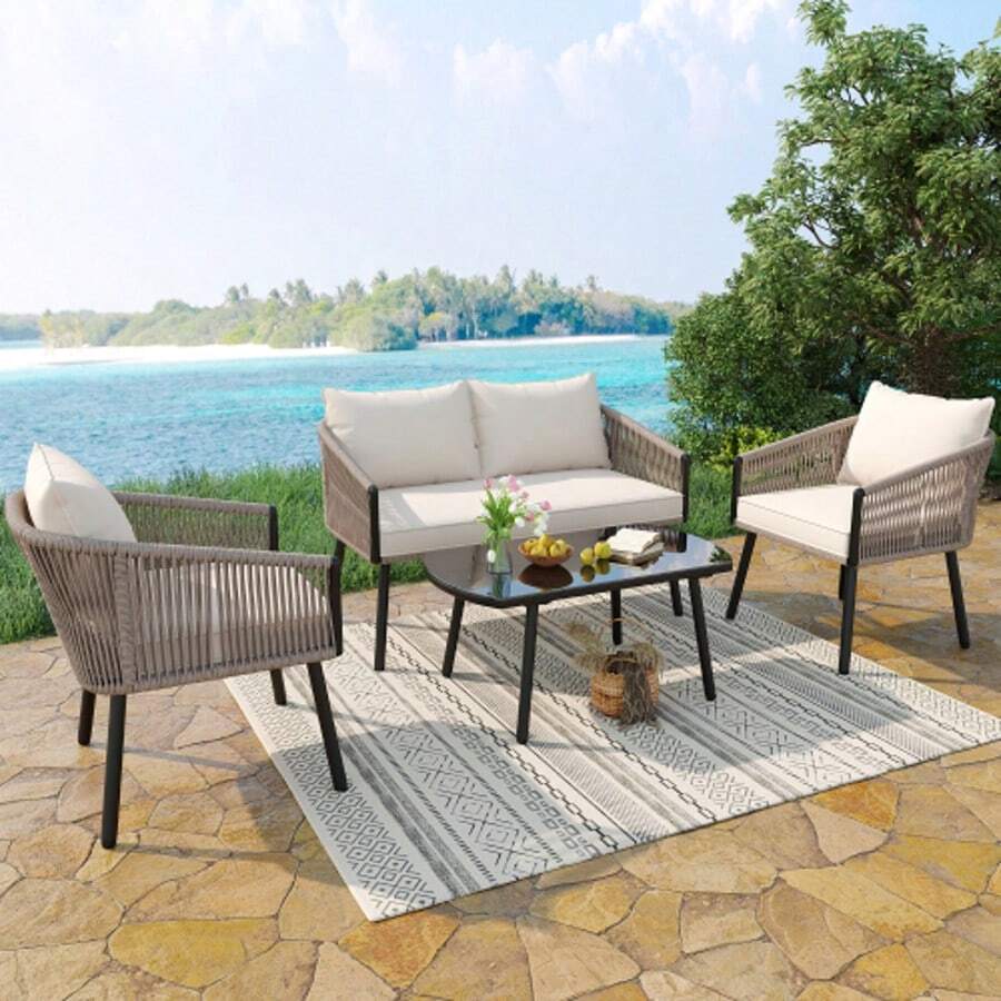 Garden furniture set, 4-piece garden lounge chair set, 2-seater sofa, 2 single sofas, coffee table, glass top, simple design, galvanized steel, beige