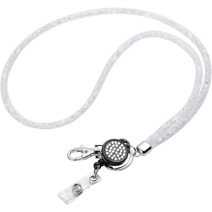 Bling Rhinestone Lanyard For Women | 31.5" Crystal Neck Strap With Metal Clasp Keychain For ID Badge, Student Card & Keys | Cute Back To School & Office Accessory(Black,White,Pink) - trắng - Xem 1