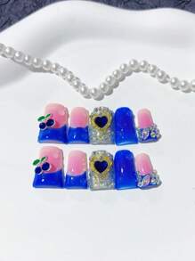 "10pcs Handmade Duckbill Blue French Myriad Nail Set With Cherry Heart Rhinestones & Glitter For Women – Perfect For Daily Wear And Parties, Includes 2 Tools"
