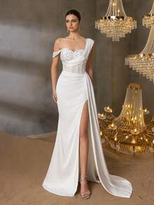 Faeriesty Elegant Sophisticated Satin Asymmetric Maxi Dress With Sequin-Embellished Shoulder & Fish-Tailed High-Waisted Slit | Dramatic Evening Look For Galas, Parties Or Luxury Events, Formal, Party Dress, Gown, For Wedding Guest - 白色 - 查看 4