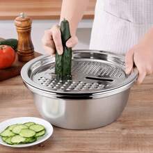 3 PiecesFood-Stainless Steel Kitchen Prep Set: Integrated Grater, Multifunctional Strainer, And Mixing Bowl With Drainage System For Washing, Slicing Fruits, Vegetables, And Cheese