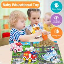 Juguete de coches para bebés de 3 años, coches de retroceso, juguete de empujar y avanzar para bebés, regalo de primer cumpleaños, vehículos a fricción con estera, juego de juguetes de vehículos a presión con diseños de dibujos animados, regalos
