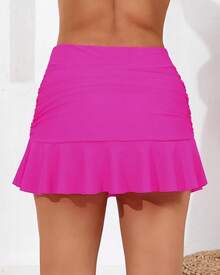 Halcurt Women's High Waisted Ruched Ruffle Swim Skirt With Shorts Tummy Control Tankini Swim Skort Bikini Swimsuit Bottoms - 粉色 - 查看 4