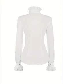 Áo sơ mi nữ dài tay, cài một hàng khuy, màu trắng, cổ bèo nhún, kiểu dáng thời trang mùa xuân. - trắng - Xem 3