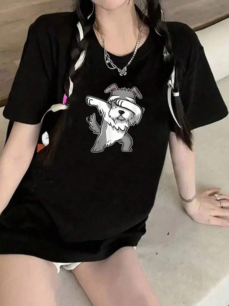 A Round Neck Short Sleeve T-Shirt With A Stylish White Lettering Print, A Loose Top That Goes Well With Summer Fashion - 黑色 - 查看 1