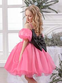 Young Girl Bowknot Strap Tulle Elegant Party Dress, Princess Gown Suitable For Flower Girls, Wedding, Birthday, Prom And Other Special Occasions - Hot Pink - View 3