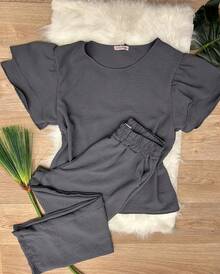 Ruffle Sleeve Blouse And Trousers Set - Màu xám đen - Xem 2