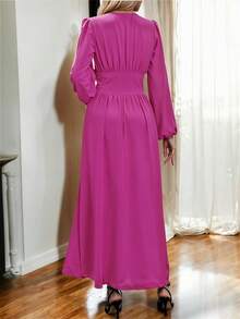 Maxi Vestido Elegante de Manga Larga y Escote en V Profundo con Abertura Lateral Alta en Pierna para Mujer - Rosa Fucsia - Ver 2