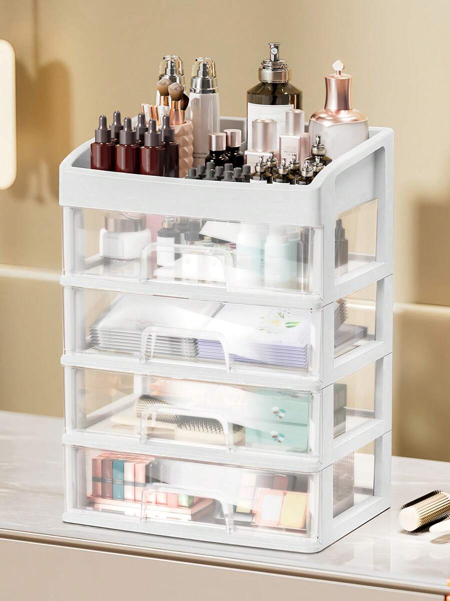 Makeup Organizer With Drawer,  Stackable Clear Perfume Organizer, Dorm Room Essentials For Girls, Multifunction Plastic Desk Organizer,  Nail Polish Organizer, Bedroom Countertop Storage For Cosmetics, Perfume, Brushes, Eyeshadow, Skincare, Lipstick - trắng - Xem 1
