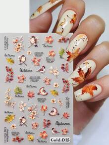 5D浮雕枫叶水果指甲贴纸南瓜松鼠鸟自粘指甲贴花秋季落叶动物美甲装饰 - 彩色 - 查看 6