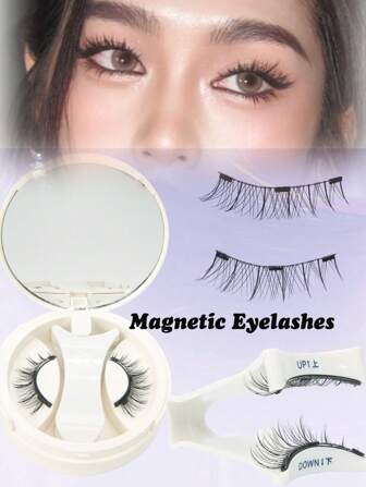1 对磁性睫毛，自然外观，猫眼，可重复使用磁性睫毛，带涂抹器，无需胶水磁性睫毛磁性睫毛套装，易于佩戴和取下