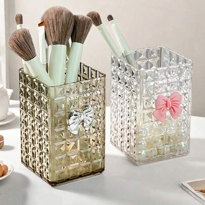 1/2/3Pcs Transparent Plastic Square Cosmetic Storage Box With Bow Decorations, Large Capacity Makeup Brush Holder, Desk Storage Container For Lipstick,Eyeliner,Stationery, Multifunctional Makeup Storage Organizer, Suitable For Bathroom, Bedroom, Dormitory, OfficeB