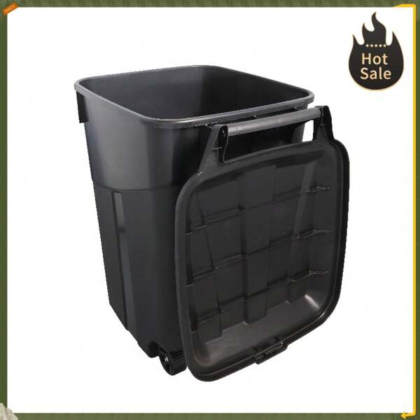 Trash Can, Black,45 Gallon Wheeled Heavy Duty Plastic Garbage Can, Attached Lid, Black
