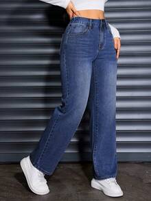 Women's Casual Elastic Waist Classic Non-Stretch Medium Blue Distressed Cat Whisker Jeans