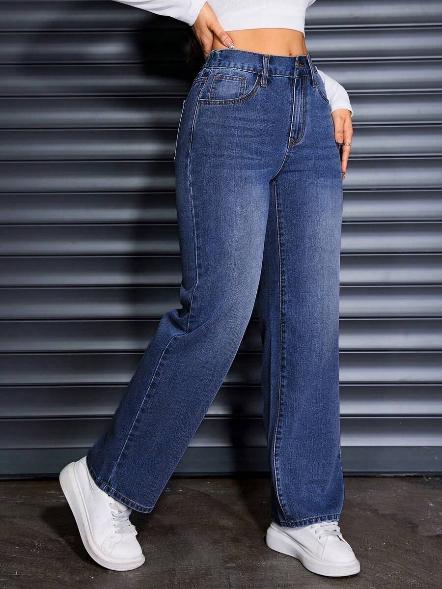 Women's Casual Elastic Waist Classic Non-Stretch Medium Blue Distressed Cat Whisker Jeans