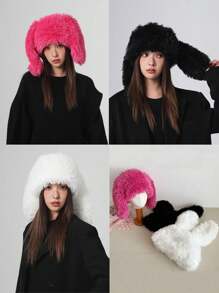 1pc New Sweet & Cute Soft Plush Long Ear Rabbit Ear Protection Hat, Warm Outdoor Lei Feng Hat, Solid Color Casual Polyester Embroidered