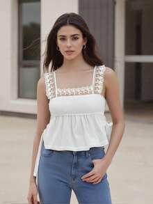 Women Babydoll Tank Tops Patchwork Lace Side Tie-Up Sleeveless Backless Ruffle Shirts Causal Summer Streetwear - White - View 3