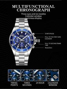 BIDEN Men's Wrist Watch, Men's Business Watch, Men's Sports Chronograph, Quartz Watch With Calendar & Luminous Function, Stainless Steel Strap Waterproof Men's Wrist Watch, Comes With Watch Link Remover And Watch Box - Silver - View 7