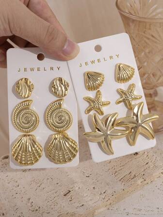 2/6/12pcs Fashionable Metal Feeling Summer Vacation Style Starfish, Seashell, Conch Multi-Element Earrings, Women's Fashion Earrings, Lightweight CCB Material For Daily Wear