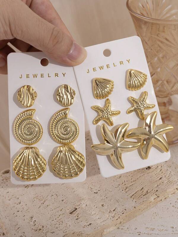 2/6/12pcs Fashionable Metal Feeling Summer Vacation Style Starfish, Seashell, Conch Multi-Element Earrings, Women's Fashion Earrings, Lightweight CCB Material For Daily Wear