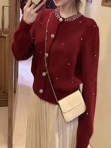 Alicedudu Cardigan col rond style vintage avec décoration de strass pour femmes, ambiance festive, convient pour l'automne/l'hiver - Rouge foncé - Voir 1