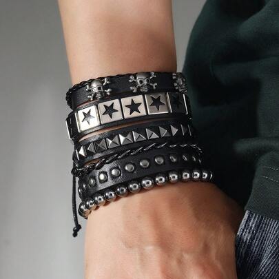 Set de 4 pulseras ancho con calavera y pentágrama - Pulseras hechas a mano con múltiples capas y tachuelas, brazalete con cuentas de calavera, regalo ideal de joyería para hombres y adolescentes