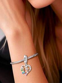 HuooNew Una pieza de plata de ley 925 con un diseño elegante, incrustada con circonita, con formas de corazón, cruz, rompecabezas de colores y lazo, con el mensaje "El amor no necesita palabras", una perla DIY, joyería para mujer, joyería de plata para uso diario y como recuerdo