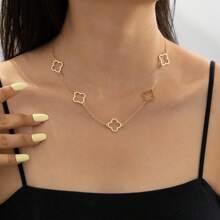 1pc Simple Golden Fashion Hollow Clover Chain Necklace, Elegant Versatile Accessory