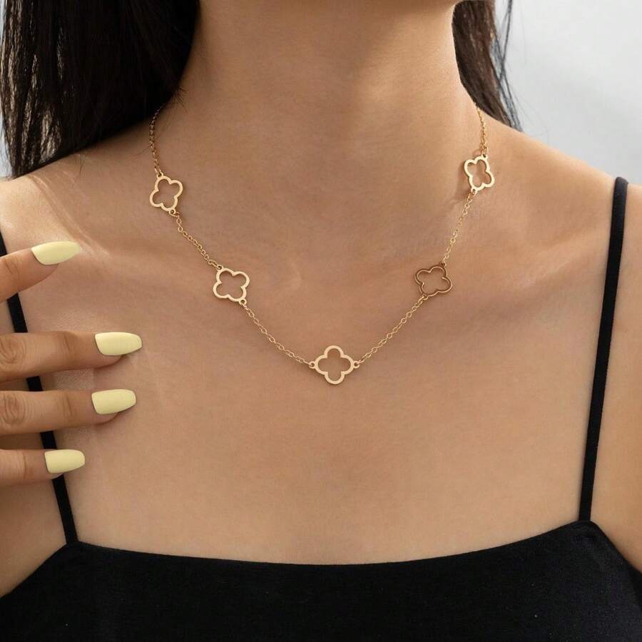 1pc Simple Golden Fashion Hollow Clover Chain Necklace, Elegant Versatile Accessory