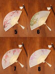 1PC Bamboo Folding China-Chic Small Fan Tassel Flower Props Costume Ancient Costumedance Bamboo Fan,Elegant, Comfortable And Gorgeous Style With Carved Flower Best Gifts Birthday Graduation