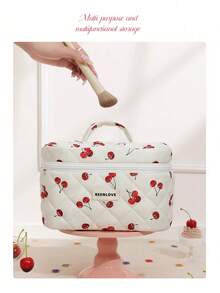 1/3件套绗缝化妆包，饰有蝴蝶结和玫瑰图案，时尚便携化妆包，多功能化妆收纳手提包，带拉链刷架，大容量旅行洗漱包，轻盈蓬松填充，适合旅行收纳，可装口红、卫生巾、硬币、钥匙等，可爱旅行收纳包，母亲节礼物，情人节礼物，周年纪念礼物，开学礼物 - 櫻桃 - 查看 9