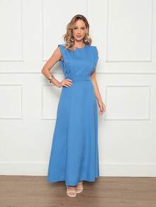 Long Plain Dress For Social Wedding In Tailored Fabric, Sleeveless Elegant - Màu xanh lam - Xem 5