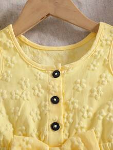Baby Girls' Cute Solid Color Round Neck Sleeveless Bow Decor Button Design Half-Placket Romper, Suitable For Home, Daily Wear And Outings, Spring/Summer - Yellow - View 7