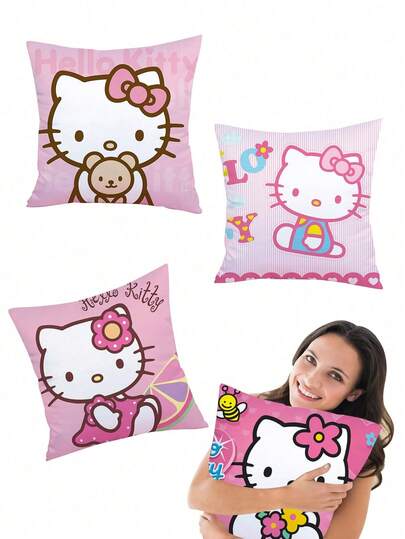 Sanrio 1Pc Sanrios Cute Cartoon Hello Kittys Print Pillow Cover 17.32*17.71In Not Include Pillow Core Kittys Cat Soft Cushion Case Home Decoration Pillowcase For Living Room Bedroom Sofa Car Square Pillow Cover (Pillow Core Not Included)