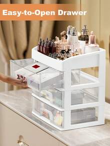 Makeup Organizer With Drawer,  Stackable Clear Perfume Organizer, Dorm Room Essentials For Girls, Multifunction Plastic Desk Organizer,  Nail Polish Organizer, Bedroom Countertop Storage For Cosmetics, Perfume, Brushes, Eyeshadow, Skincare, Lipstick - trắng - Xem 6