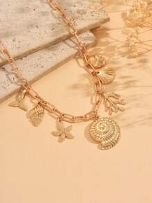 1pc Summer Beach Vacation Style Multi Sea Creature Pendant Necklace, Fashionable Versatile Alloy Seashell Coral Pendant Necklace For Women, Suitable For Daily Outfit, Travel And Party Wear