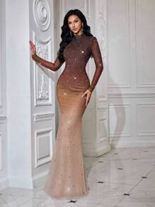 QOQ Vestido de noche largo de gala de lujo con mangas largas, cuello alto, pedrería, diseño de cola de sirena y borde de rhinestones para bodas, eventos de verano y cócteles