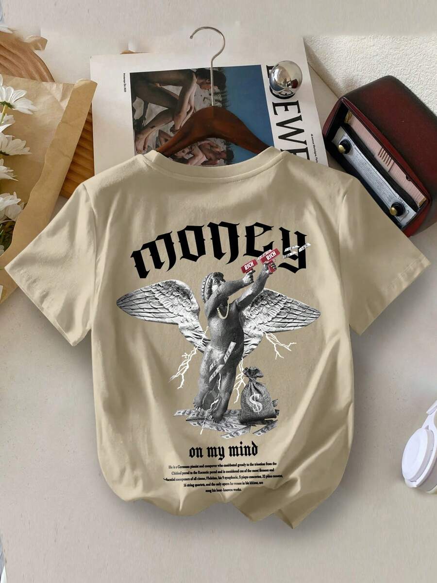 Áo thun cổ tròn in chữ tiền thiên thần trẻ trung, đơn giản và thời trang cho mùa hè - Màu Khaki - Xem 1