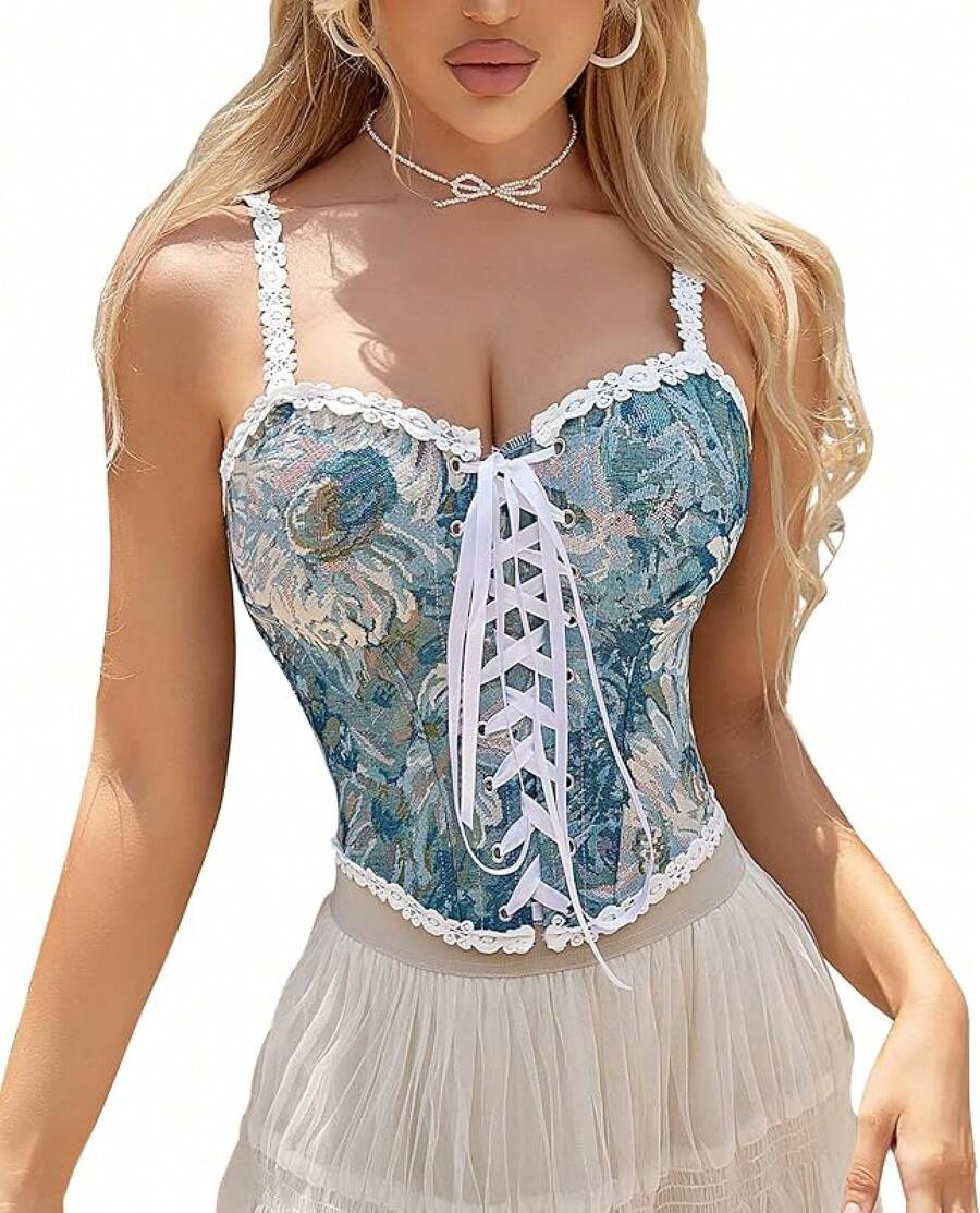 Womens Vintage 1920s Renaissance Lace Trim Corset Bustier, Retro Fashion - 藍色蕾絲 - 查看 1