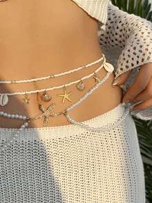 2pcs/Set Versatile Beach Starfish Shell & Pearl Waist Chain, Alloy Pendant Waist Chain, Ocean Style Waist Accessory, Summer Jewelry - Multicolor - View 4