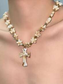 1 件花朵串珠十字架吊坠项链，时尚树脂项链适合女性日常佩戴，适用于派对、音乐节、表演穿着、珠宝礼物