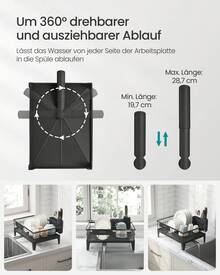 SONGMICS Abtropfgestell Geschirr, Geschirr-Abtropfständer, 360° drehbarer und ausziehbarer Ablauf, Abtropfschale, Besteckhalter, Küche, 31 x 42 x 18,5 cm, tintenschwarz - Tintenschwarz - Übersicht 5