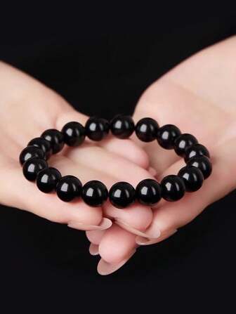 [Natural Obsidian Bracelet] Natural Obsidian Round Bead Bracelet, Handmade 10/12/14/16 Mm Frost Casual Style Bracelet - Suitable For Men And Women, Elastic Jewelry, Holiday And Birthday Gifts, Valentine's Day Gift