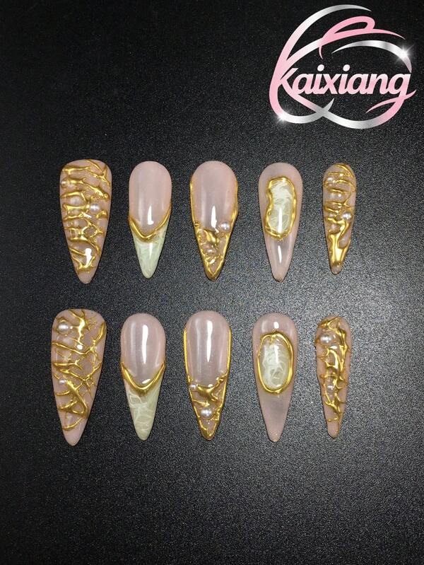 10-Piece 3.3 Pure Handmade Slim Stiletto Press On Nails For Summer Beach. With Mirror Powder, Carvings, Pearls, Simple Yet Personalized Design, Versatile And Reusable.
