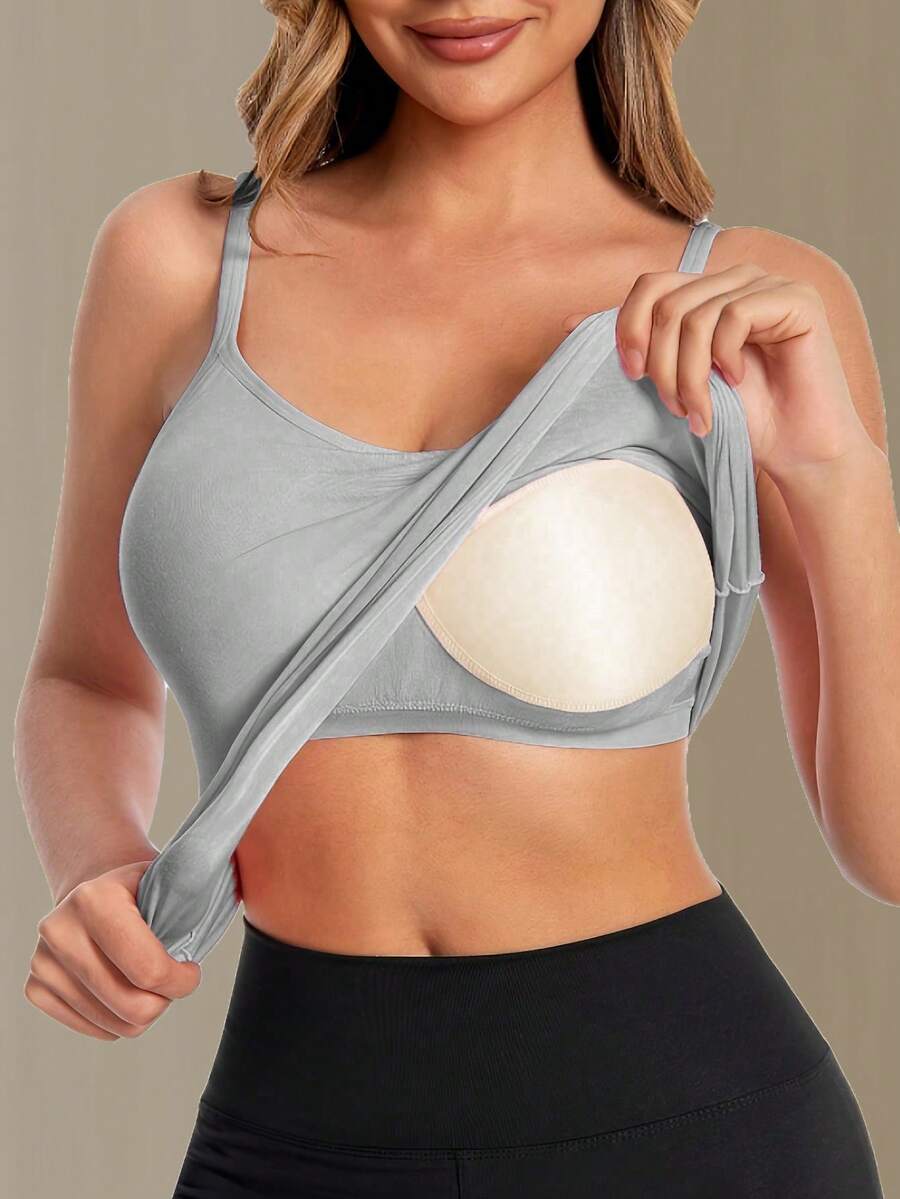 Gray Seamless Camisole With Removable Padded Bra And Long Torso, Versatile Undershirt - Grey - View 1
