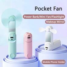 2026 New 5 In 1 Portable Mini Handheld Fan, Pocket Fan With Mobile Phone Holder, Mirror, Power Bank, Flashlight Ideal For Travel/Beach/Eyelash/Makeup/Vacation - màu xanh lá - Xem 3