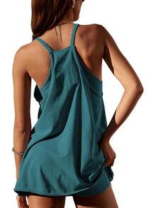 Women's Summer Sleeveless Mini Dress With Built-In Shorts - Darkgreen - View 3