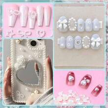 600Pcs 3D Multi Shapes Nail Charms And Flatback Pearls, White Mix Styles Heart Bow Sunflower Embellishments Nail Art, And Decoration With Glue Gel, Tweezer And Pickup Pencil - Bộ 1 - Trắng & Hồng + Keo dán - Xem 5