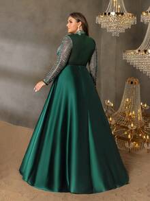 Faeriesty Curve Plus Elegant Mock Neck Evening Gown With Sheer Sleeves - A-Line Satin Skirt, Rhinestone Embellishments For Galas, Wedding Banquets, Proms & Black Tie Affairs