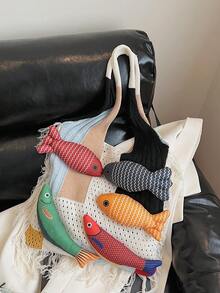 Swim Mod Bolso de mano de tejido hecho a mano, bolso de gran capacidad de punto multicolor, nueva bolsa de transporte 2025 - Multicolor - Ver 6